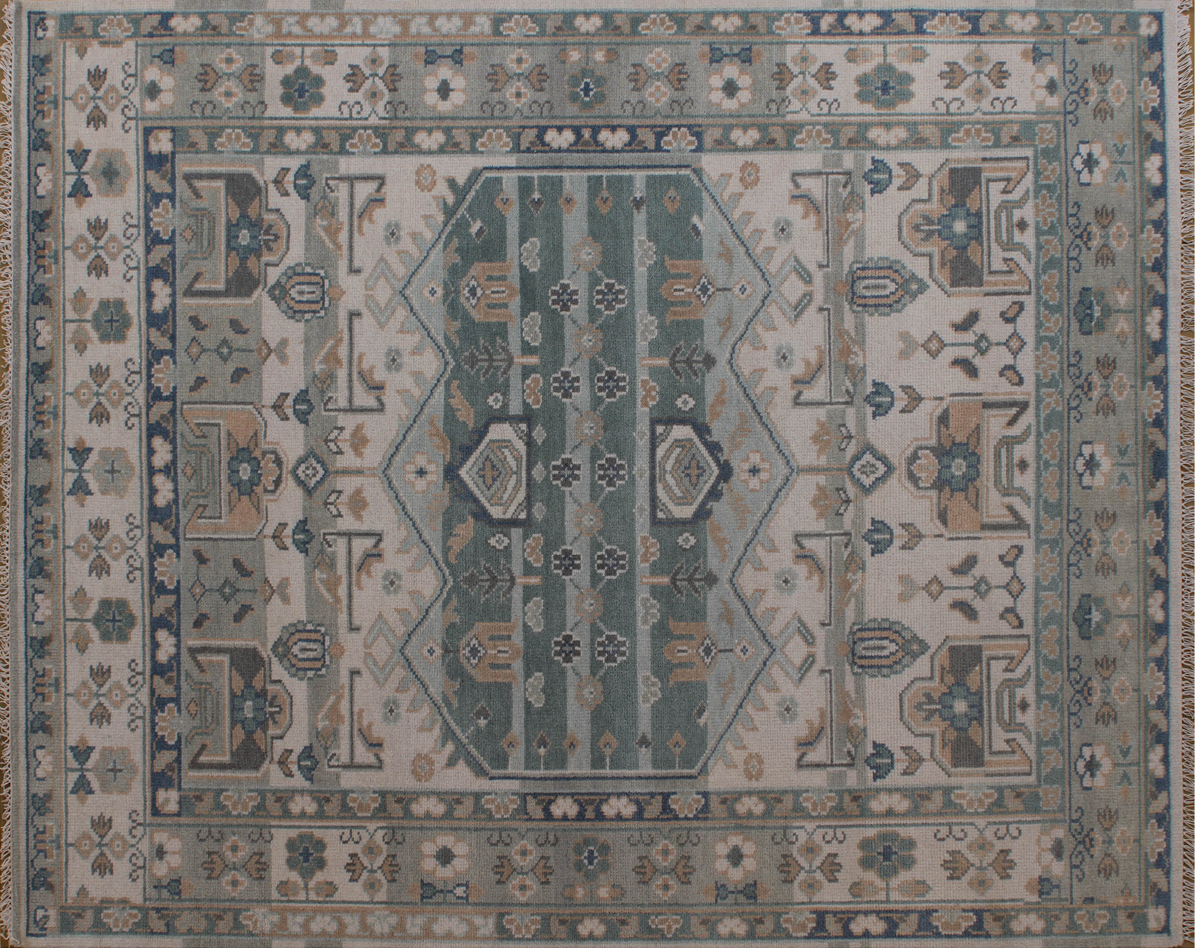 Ivory and Blue Accent Rug 8ft x 10ft  - Handknotted Carpet Manufacturer Mirzapur